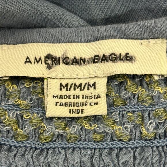 American Eagle Blouse Womens M Blue Embroidered Smocked Peasant 100% Cotton Boho - Picture 4 of 6